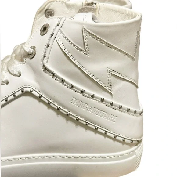 NIB ZADIG & VOLTAIRE High Flash Sneaker Studded High Top White Leather 41 US 10 - Picture 6 of 11